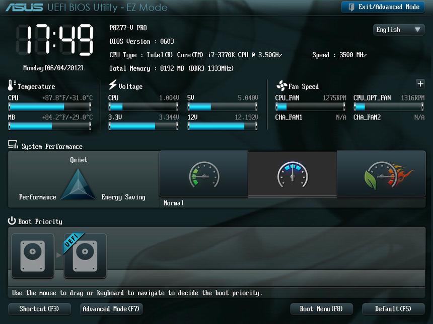Главное меню UEFI BIOS на ASUS P8Z77-V Pro