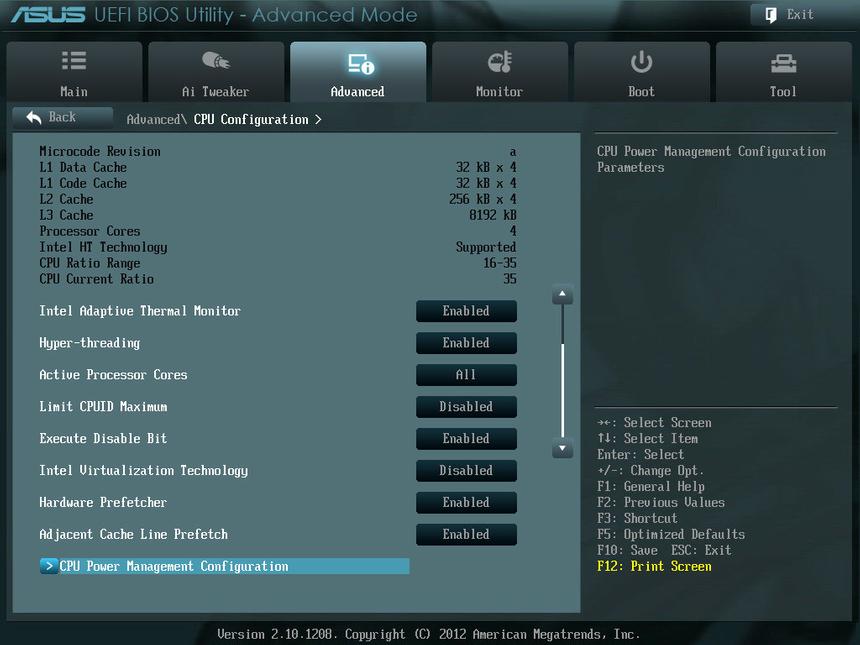 Подраздел CPU Configuration в UEFI BIOS на ASUS P8Z77-V Pro