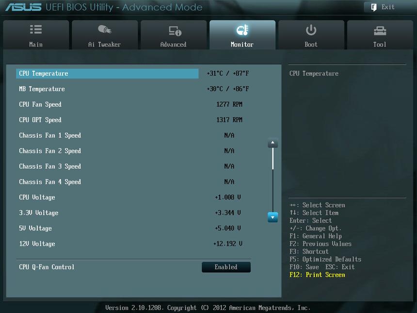 Вкладка Monitor в UEFI BIOS на ASUS P8Z77-V Pro