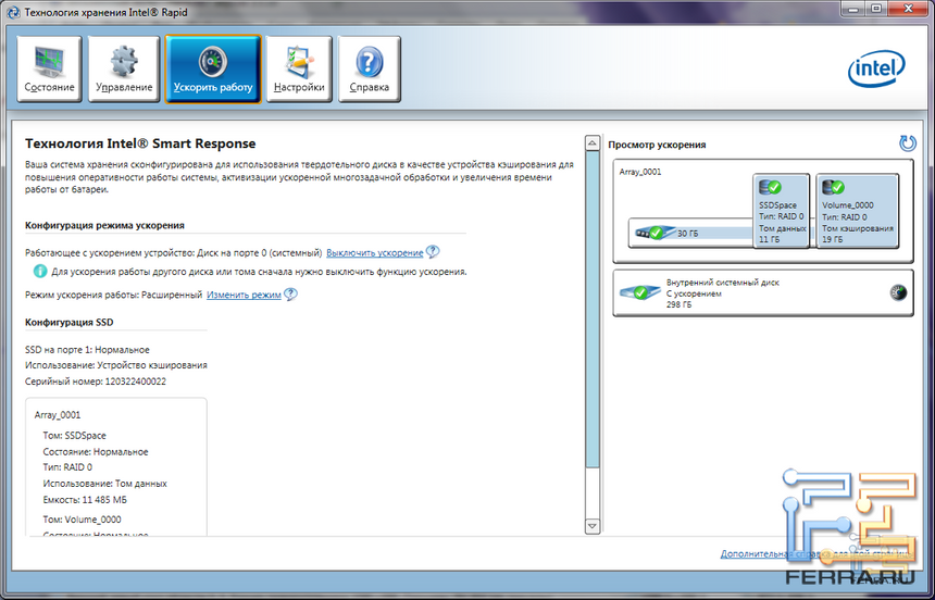 Параметры Intel Smart Response