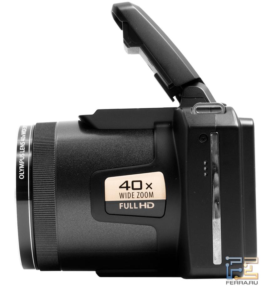 Olympus Stylus SP-820UZ iHS с возведенной вспышкой, вид сбоку
