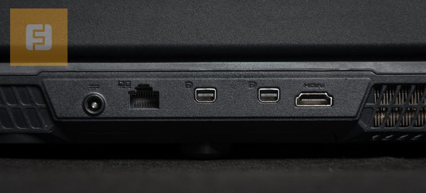 Задний край: DC in, RJ-45, 2x Mini DisplayPort, HDMI