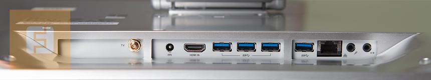 Гнездо для антенны Wi-Fi, разъём для зарядки, HDMI-in, 4x USB 3.0, RJ-45, 2 аудио-разъёма