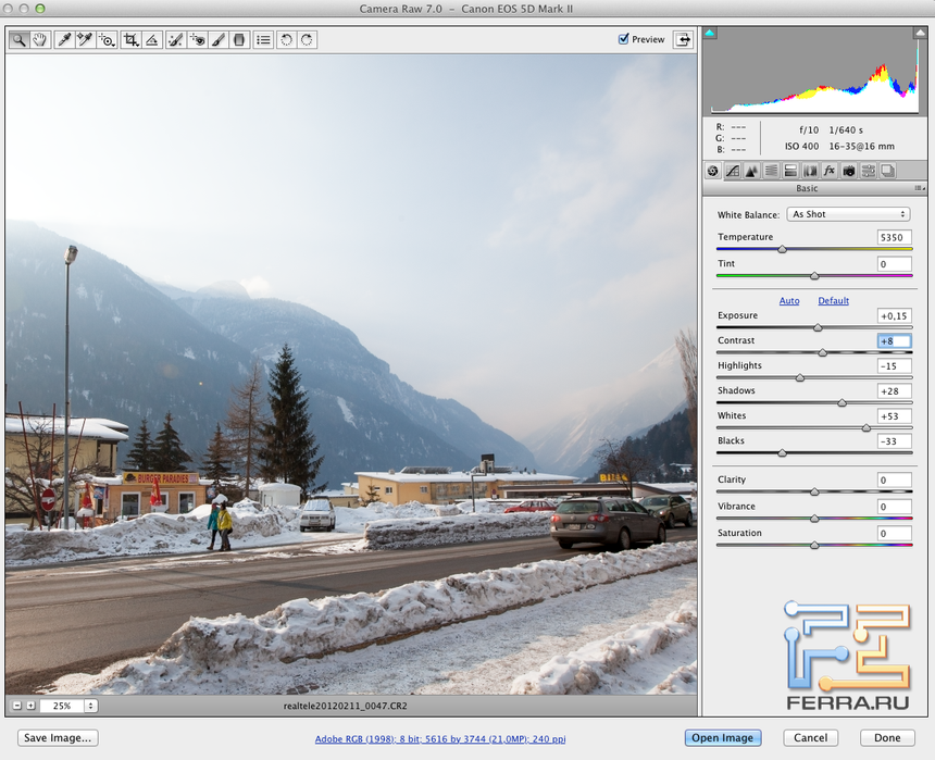 Интерфейс плагина Adobe Camera RAW 7.0 в Photoshop CS6