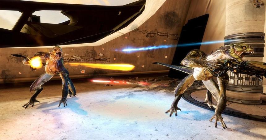 А эти особи сражаются с лазерными винтовками в своих чешуйчатых лапах