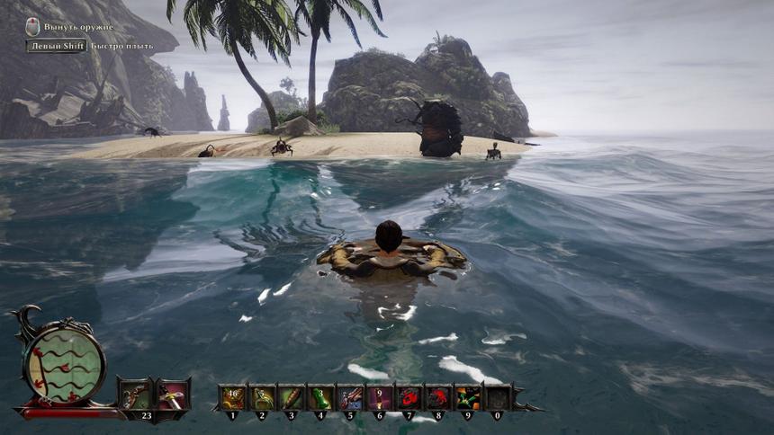 Герой научился плавать и способен скрываться от сухопутных монстров в воде