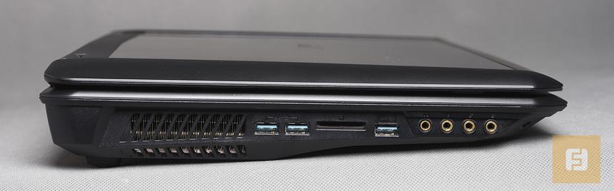 Левая грань MSI GX70 3BE-028RU: 2x USB 3.0, кард-ридер, ещё один USB 3.0, 4x Audio I/O