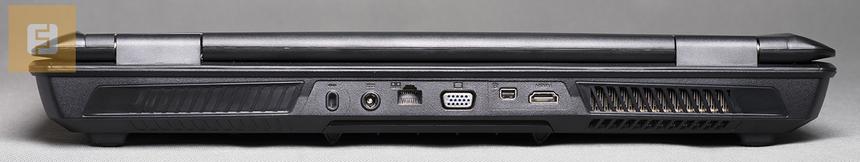 Задний край MSI GX70 3BE-028RU: Kensington lock, DC in, RJ-45, D-Sub, Mini DisplayPort, HDMI