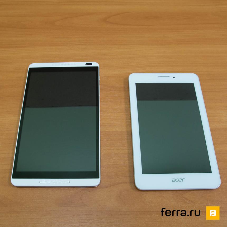 Сравнение толщины HUAWEI MediaPad M1 8.0 LTE (слева) и Acer Iconia Tab 7 (A1-713HD) 16Gb 3G (справа)