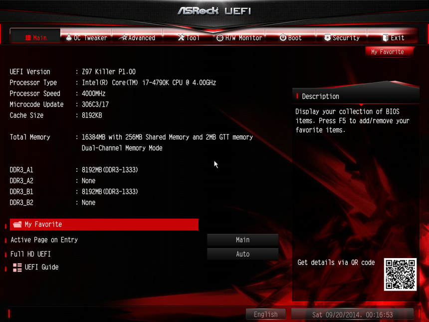 BIOS материнской платы ASRock Fatal1ty Z97 Killer