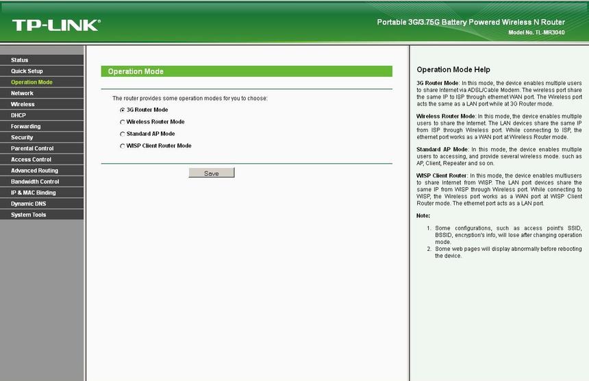Дизайн интерфейса TP-Link TL-MR3040 из трёх панелей с основным меню, текущими настройками и их описанием удобен, хотя подсказки могли бы быть более развёрнутыми