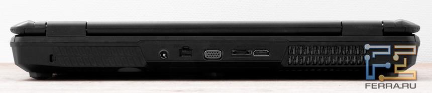 Задний торец MSI GT60: разъем питания, RJ-45, D-SUB, eSATA (совмещен с USB), HDMI