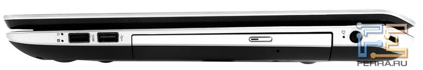Правый торец HP ENVY dv7-7266er: USB 3.0, USB 2.0, оптический привод, разъем питания
