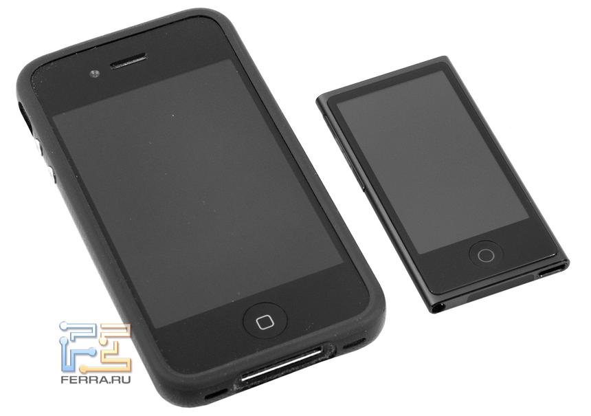 Размеры iPod nano в сравнении с iPhone 4