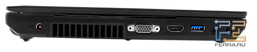 Левый торец ASUS B33E: разъем питания, D-SUB, HDMI, USB 3.0, аудио выход, вход для микрофона