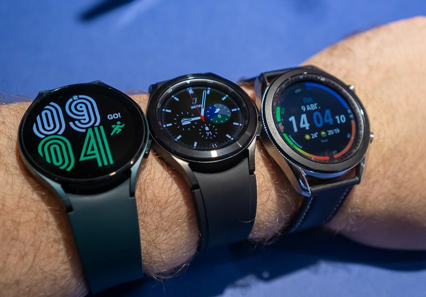 Слева-направо: Samsung Galaxy Watch4 44 мм, Galaxy Watch4 Classic 42 мм, Galaxy Watch3 46 мм