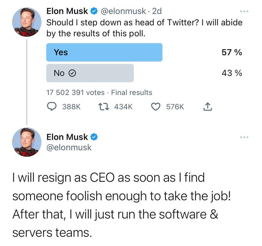 Илон Маск покинет пост главы Twitter и поставит вместо себя "глупца"
