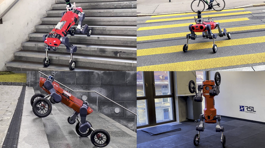 Четвероногого робота научили вставать на задние колеса, бросать коробки и открывать двери стоя