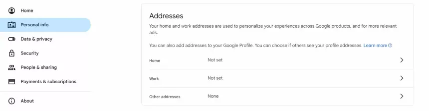 В аккаунте Google появится отдельная вкладка со всеми вашими адресами
