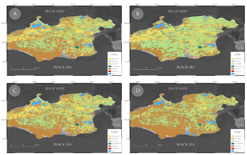 Результаты классификации землепользования и растительного покрова с использованием данных Landsat-5 для Керченского полуострова (1990-1994)