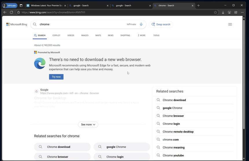 Браузер Edge начал скрывать ссылки на скачивание Google Chrome
