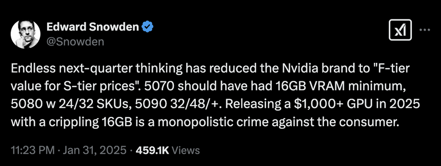 Разыскиваемый в США Сноуден назвал видеокарту RTX 5080 «монополистическим преступлением против потребителя»