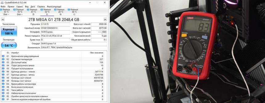 SSD Digma Mega G1 всегда показывает одну и ту же температуру в 54℃, в то время как мультиметр во время нагрузки фиксирует 83℃ на памяти накопителя. Если такой SSD будет работать при высокой нагрузке без радиатора (ноутбук, мини-ПК и т.д.), у него не сработает защита от перегрева и однажды он «сгорит»