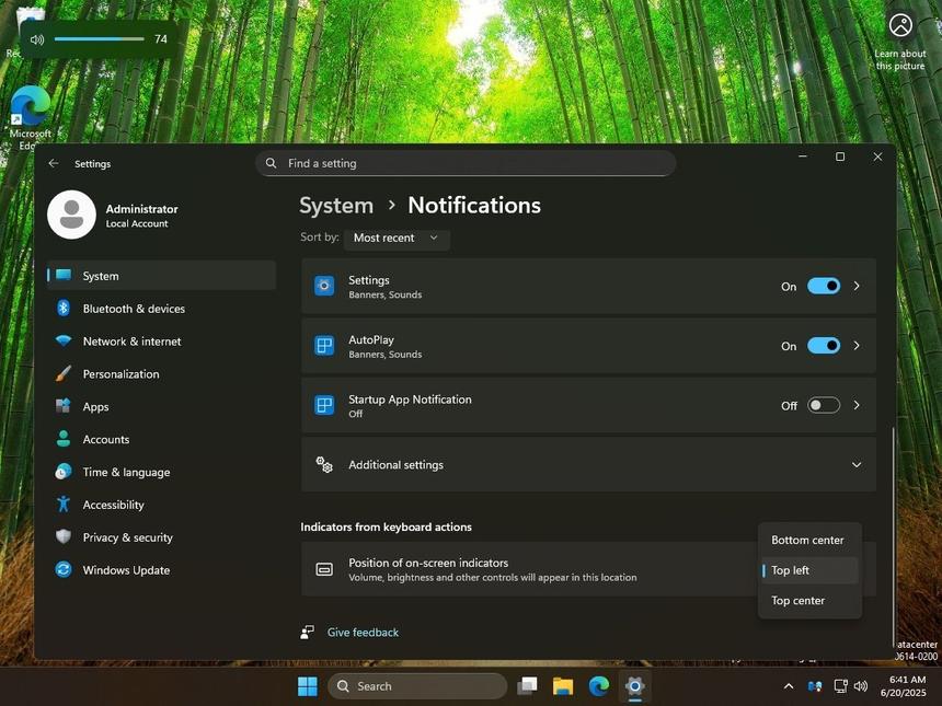 В Windows 11 появится возможность изменять положение регуляторов звука и яркости