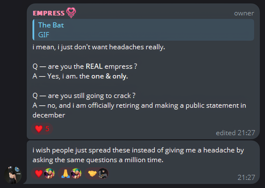 Легендарная хакерша EMPRESS объявила об окончательном уходе с пиратской сцены