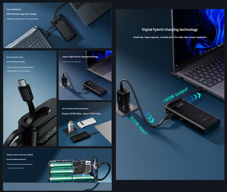 Lenovo представила недорогой пауэрбанк на 190 Вт с экраном и встроенным кабелем