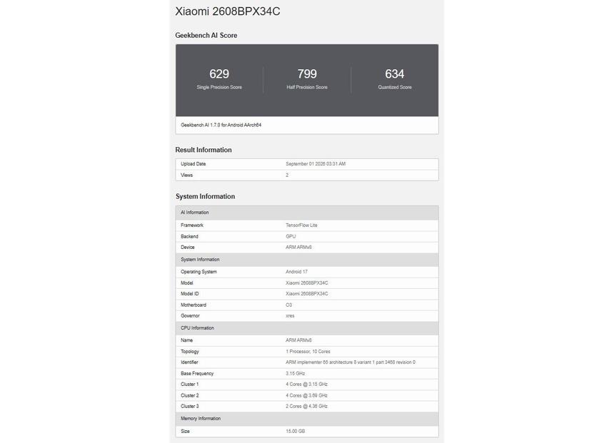 Складной Xiaomi 18 Fold попал в базу Geekbench AI